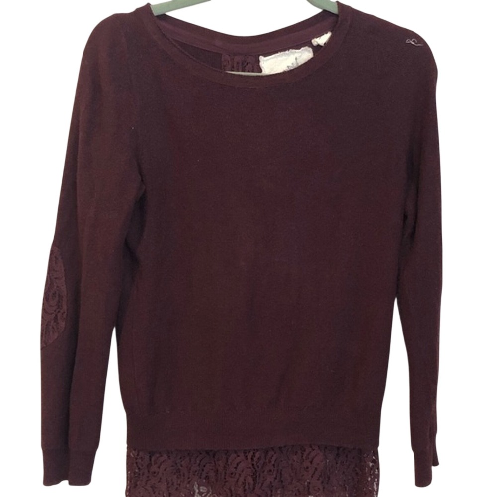 Angel of the North Anthropologie Burgundy Lace Trim Button Back Sweater Womens